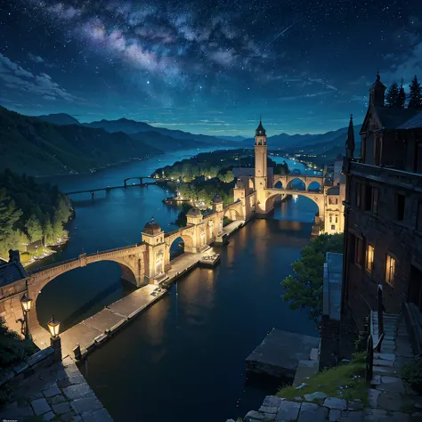 masterpiece, best quality,ultra-detailed, fine detailed, 8k, scenery, landscape, no humans, wide shot, Breathtaking sights, spectacular views, starry sky, night view, multiple large floating islands, multiple towers of various sizes, ancient structures, an...