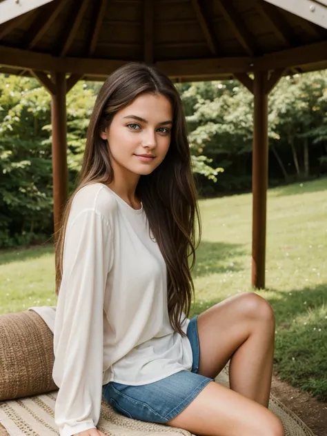 “Create an image in Stable Diffusion, which depicts a beautiful twenty-year-old girl of German appearance. She has dark brown eyes and long flowing brown hair.. Girl resting in a cozy gazebo, surrounded by nature. She is dressed in comfortable summer cloth...