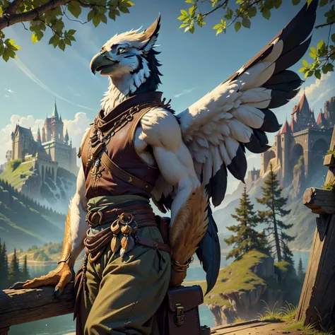 an anthro gryphon sitting on a flagpole during the day, ((nj5furry, solo, looking around, sitting on pole pose, masterpiece, anthro, male, avian, gryphon-face, short talons, black claws, clawed hands, slender body, three-tone feathers, white and brown and ...