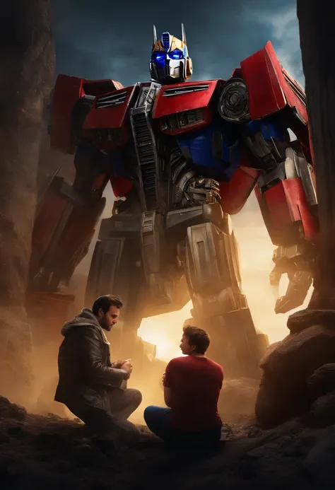 A photo of me and Optimus Prime strategizing our next move in the war room,Transformers series,bumblebee transformer autobot, male