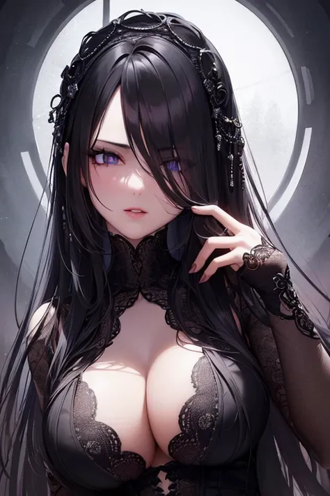 **(best quality,4k,8k,highres,masterpiece:1.2),ultra-detailed,realistic,oriental gothic girl,beautiful detailed eyes,beautiful detailed lips,extremely detailed eyes and face,long black hair,very detailed dress,dark atmosphere,dramatic pose,stunning backgro...