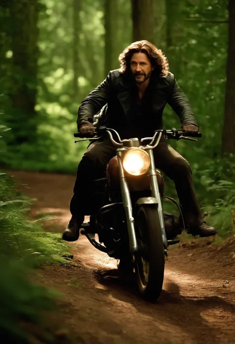 The image is of Sirius riding a motorbike through a winding forest trail, with a mischievous grin on his face.,Harry Potter series,Sirius is tall with shaggy curly brown hair, with brown eyes and a goatee. Famously portrayed by Gary Oldman, male