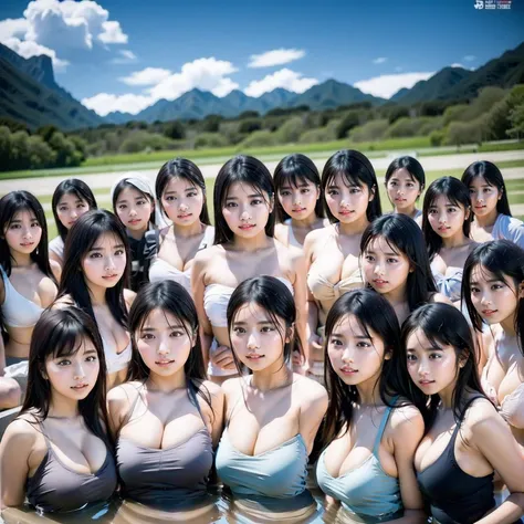 Raw photo、(((multiple girls))),((((6+girls)))),((((100girls)))),(((1000girls)))、((((Infant body type))))、((((a baby face))))、((((100 Girls))))、(((crowd shot))),((((Gigantic Breasts))))、Women only、The same face、School Uniform、12 years old、Long black hair、10...