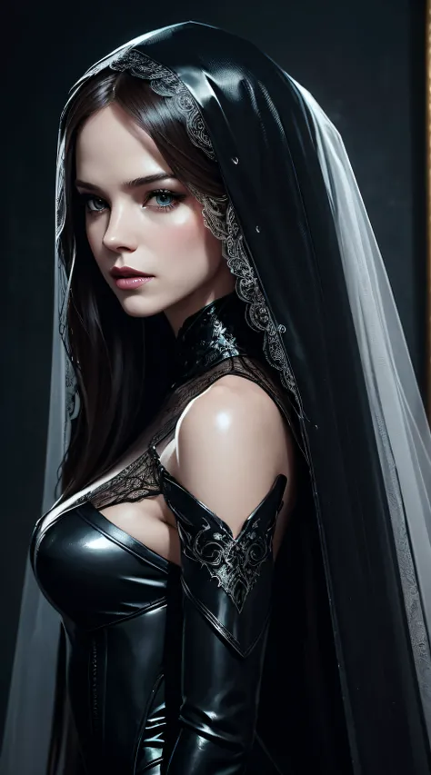 Danielle Panabaker, veil bride latex sexy clothes, character portrait, 4 9 9 0 s, long hair, intricate, elegant, highly detailed, digital painting, artstation, concept art, smooth, sharp focus, illustration, art by wlop, charlie bowater and alexandra fomin...