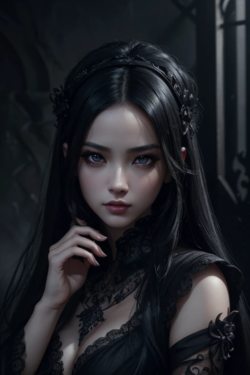 **(best quality,4k,8k,highres,masterpiece:1.2),ultra-detailed,realistic,oriental gothic girl,beautiful detailed eyes,beautiful detailed lips,extremely detailed eyes and face,long black hair,very detailed dress,dark atmosphere,dramatic pose,stunning backgro...