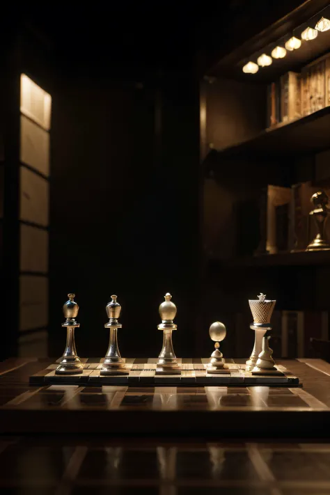 (best quality,Altas,master part:1.2),ultra-detalhado,(Realistic,fotorrealista,photo-realistic:1.37),tabuleiro de xadrez,small building chess pieces,Paper Stack,Estilo filme noir,dim lighting,Surrealismo imaginativo