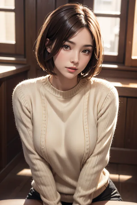 Photorealistic, photographrealistic, masutepiece, Best Quality, Raw photo, 1girl in, Solo, short-hair, Brown hair, Detailed face, alluring face, beige virgin sweater, large full breasts, Dynamic Pose, Looking at Viewer, From below, Detailed background, fin...