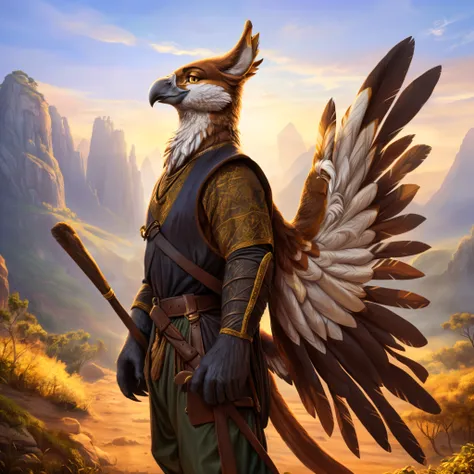 an anthro gryphon standing near a flagpole during the day, ((nj5furry, solo, looking around, standing, masterpiece, anthro, male, avian, gryphon-face, short talons, black claws, clawed hands, slender body, three-tone feathers, white and brown and gold feat...