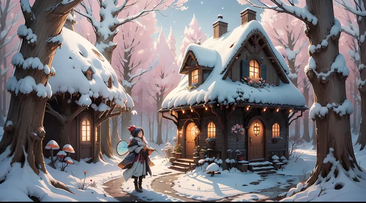 fairy tale picture book，（Cogumelos：1.3），（mushroom house：1.4），Oyuki，（snow cover：1.4），Winters，blooming flower，a plant，high high quality，16K resolution，（Best quality at best），（tmasterpiece），ultra - detailed，Detailed pubic hair，Accurate