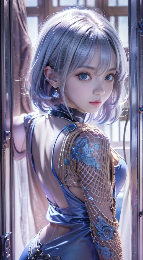 ((realisitic))、(masutepiece, best quality:1.5), fractal art, silver shorthair, blue eyes, spotlight, sexy pose, beautiful girl d...