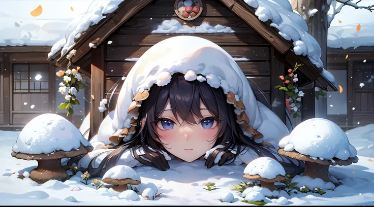 fairy tale picture book，（Cogumelos：1.3），（mushroom house：1.4），Oyuki，（snow cover：1.4），Winters，blooming flower，a plant，high high quality，16K resolution，（Best quality at best），（tmasterpiece），ultra - detailed，Detailed pubic hair，Accurate