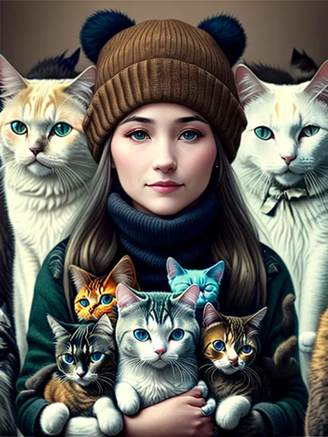 a woman in a beanie holding many cats