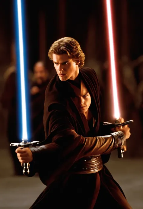 Anakin is sparring with fellow Jedi in the training grounds, the clash of lightsabers creating a flurry of sparks and intense energy.,Star Wars: Episode II - Attack of the Clones,Anakin Skywalker, male