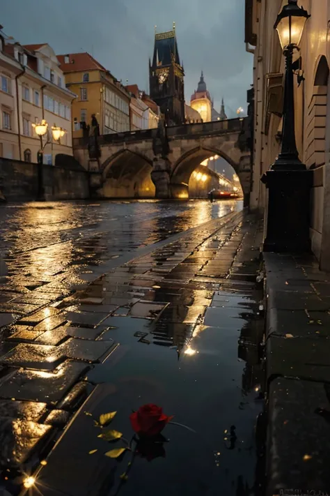 (best quality,4k,8k,highres,masterpiece:1.2),ultra-detailed,(realistic,photorealistic,photo-realistic:1.37),Prague in the evening after the rain,Charles Bridge,red roses lie on the bridge floor,the moon is reflected in a puddle,the lamps on the bridge glow...