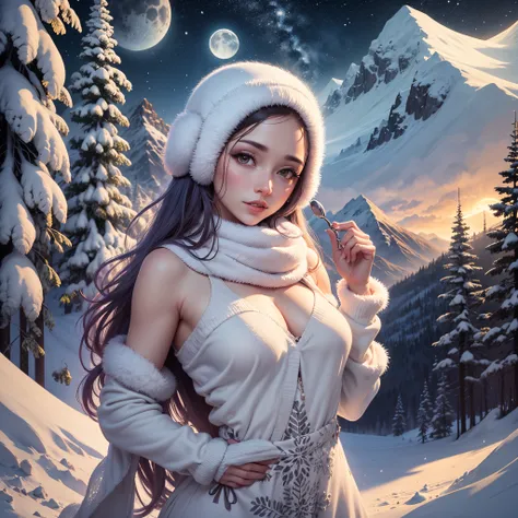 uma mulher nua, usando apenas coleira, imagem de corpo inteiro, moon light mountains and snow scenery focus on snowflakes --auto --s2