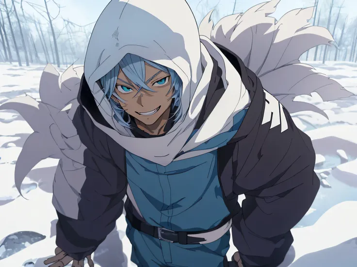 a cartoon boy in a hood is standing in the snow, 2 d estilo anime, [[[[sorrindo malvado]]]], com capuz, menino anime, jovem homem de anime, sorrindo lascivamente, com o dedo indicador, como um personagem de anime, personagem estilo anime, anime moe artstyl...