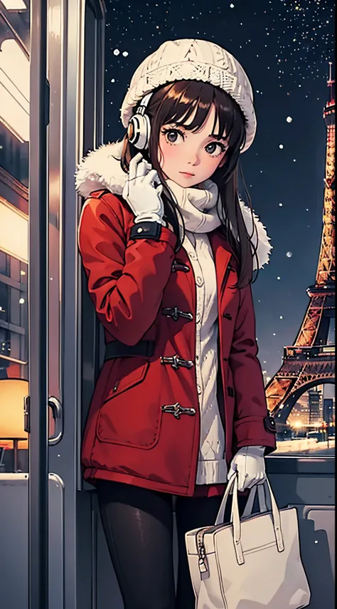 lofi chilled one brunette girl with headphones drives inside bus, thinking, looking up, head bend. finger touches thin. winter night, its snowing a lot. beautiful landscape Paris, Eiffel tower, lights. travel. tourist warm clothes, red jacket, gloves, whit...