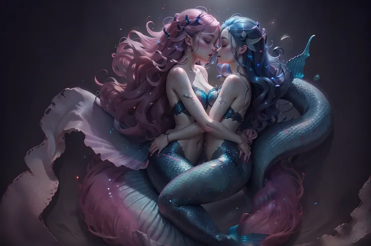 lesbian mermaids embracing each other lovingly