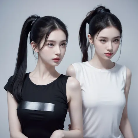 A beautiful woman standing, wearing black t-shirt, pale skin, smooth pale skin, white ponytail hair, ponytail hair, detailed hair style, ponytail hair