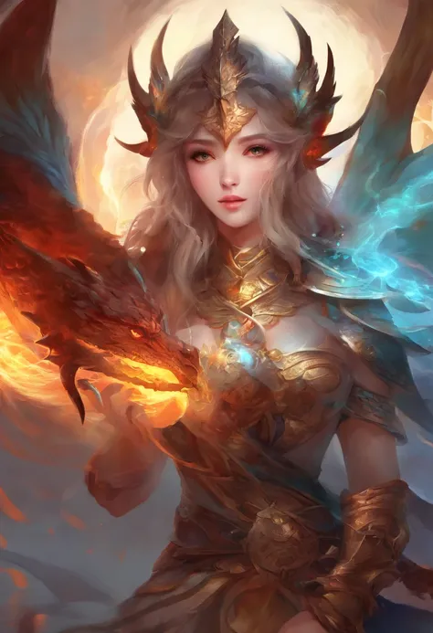 tmasterpiece,quality,8K,dragon girl,Full body lesbian, Dragons Horn,Heterochromatic pupil ,Wearing dragon scales,Holding dragon sword,((fire saber)),Black wings,(merit),Eternal,Xianxia background,Dragon tail