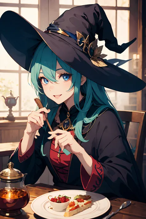 tmasterpiece, Best quality, wizard tea party, Chibi, Handsome wizard, beautiful female witch, Highly detailed and realistic eyes, Happy, A vibrant one, Colorful,