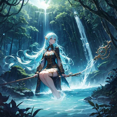 Female merfolk,  glowing hair, steampunk clothes,  fully clothed, water , Full body, Sitting on Water Serpents, holding  a wood staff, glowing bubbles, wood, underwater background, roots growing around, water spraying from ground, Dark skin, tribal tattoos...