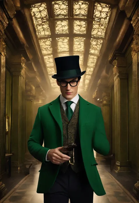 A beautifully intricate and ornate puzzle box with mysterious symbols and engravings,Batman,Ed is tall with neat black hair, glasses, wears a green suit, wears a bowler hat, famously portrayed by Cory Michael Smith, male