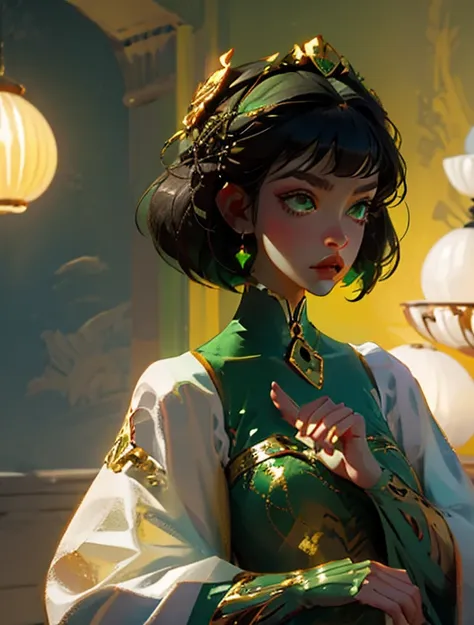 empress with short green hair and gold accessories