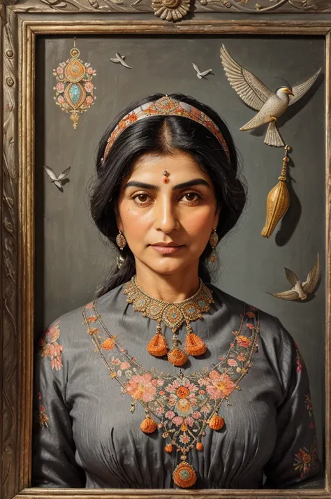 Persian Qajar period woman , ((50 years old)) , heavy wrinkle on face , (gray and dark hair) , Bright dark face , ((detailed face)) , Rembrandt light , in traditional Orange dress , fish pattern on dress , ((background contains painting of birds, floral fr...