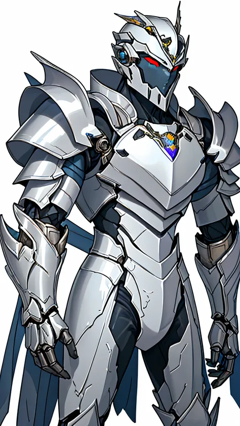 Mechanical armor，silvery white，armour，Armored warrior wearing mechanical armor，transparent background，delicate picture，male people