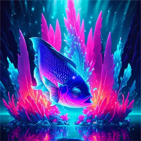 An incredible fish, an incredible fish scene in a lagoon, oil art/digital/neon light, tema (brilho), cores vermelho/magenta/azul, bioluminescence at night. surreal, intrincado/intrincada, SDLX/studio, alta qualidade, highes definition, alto detalhe, alta r...