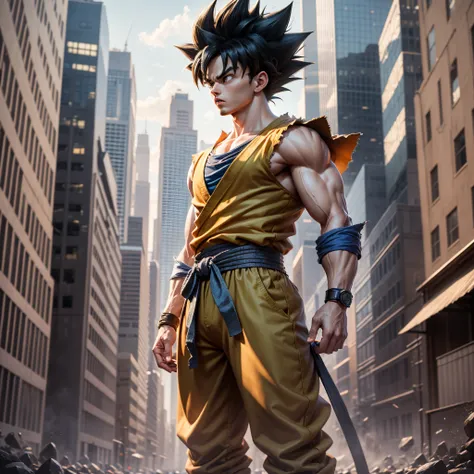 Son Goku lifelike, 4k, UHD, 8K, standing, dramatic expression, background in a city --auto --s2