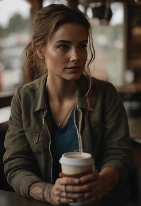 A photo of Ellie at a local coffee shop, sipping on a freshly brewed espresso.,The Last of Us Part II,Ellie Williams is a white girl with a few freckles, with a medium hairstyle, brown dark hair. She wears practical and utilitarian clothing that reflects t...