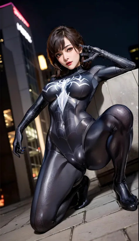 4K，realisticlying，Glamorous，The is very detailed，There is a girl in Dingcheng，Wearing a black Spider-Man costume，（Black and white：1.4） the night,symbiote，venomize，a large amount of mucus,she is a spiderman，Black superhero theme，In front of the sky，Flushed ...