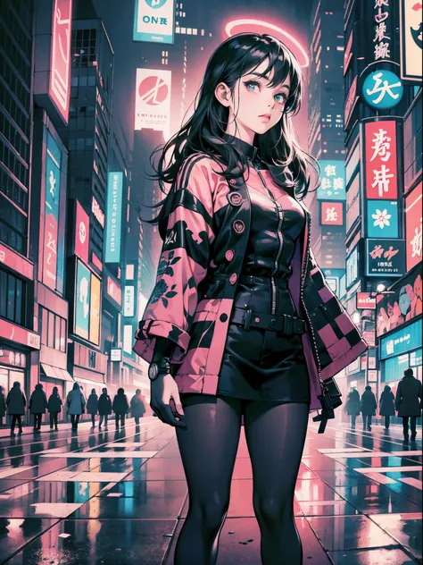 Anime girl clad in black urban attire, standing amidst neon-lit cityscape, juxtaposing traditional Japanese print art with dinopunk aesthetics, pulp comics flair, RTX on for hyper-realistic reflections, close-up composition with grid overlay, neon hues, cy...