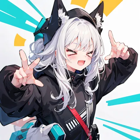 a girl,  (cute face:1.2) black hoodie, white hair, _ 5 fingers on the hand, (hands up: 1.2) hands open, (5 fingers: 1.2) _