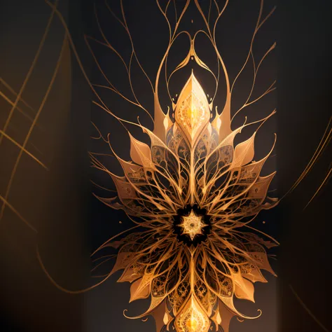 there is a golden flower with a long stem on a black background, detalhes do fractal de ouro, filigrana dourada, Bordas e fractais dourados, intricate gold and steel, Uplighting. intrincado, detalhes fractais intrincados, Resumo intrincado, intrincada fili...