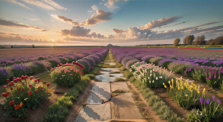 Step into a canvas that portrays an oil painting drenched in elegance. As the viewer gazes upon the artwork, they are transported to a captivating field teeming with an expanse of tulips and lavender. Amidst natures grandeur, a bouquet featuring delicate w...