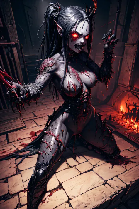 dead rotting bloodthirsty evil zombie, girl Venom, black symbiont attached, bloody, evil look, psychotic,  combat stance, highly detailed, vibrant appearance, creative behavior, extremly detailed, imaginative, sensual, spontaneous, highest quality, skin te...