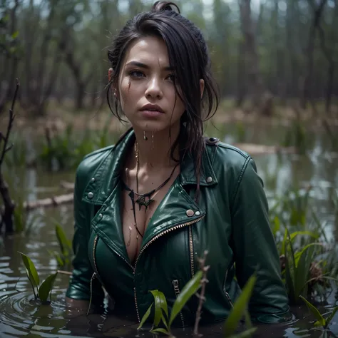 Tormented by lust, caught by surprise in the forest, Indulging your sexual fetish, drowned in a swamp, standingn. Her face is haggard and dehydrated. She is perplexed and looks around in fright. 
TAGS: blurred background, (wearing jeans), leather jacket, i...