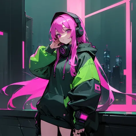 (((Masterpiece, highest quality, high definition, high detail)))), cyberpunk, city, night, 1 Person, long hair, Mixed green and magenta hair, black hoodie, baggy clothes, headphones around neck, winter