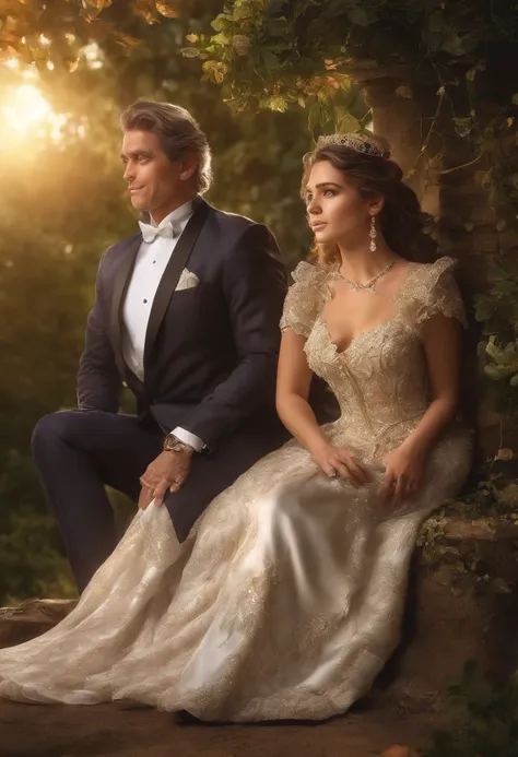 Um casal bonito, atraente e realista, The faces of the couple are beautiful and proportional ((rosto detalhado)), mulher vestida como uma princesa, The man is wearing an elegant outfit. Couple is walking in the garden, sol encharcado, Roberto Ferri e Ruan ...