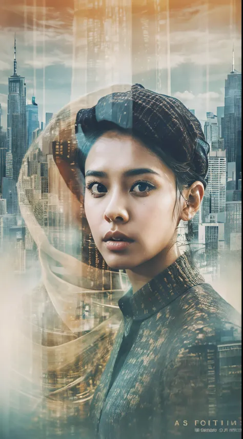 Combine a portrait of a Malay man and a malay girl in hijab with a serene big modern city landscape, creating a harmonious double exposure effect, double exposure drama poster style, poster, drama, drama tittle,