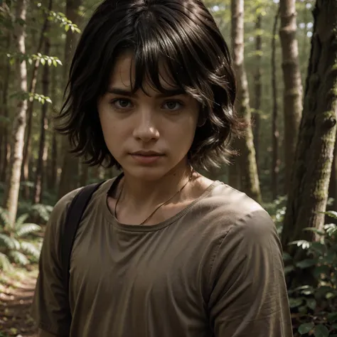 1boy, solo, dark fluffy hair, walking through a forest, closeup