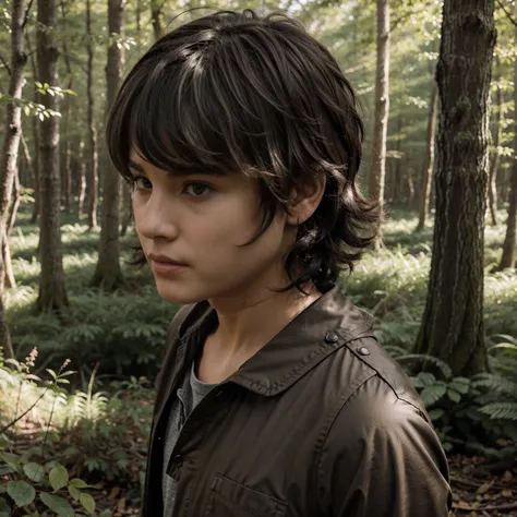 1boy, solo, dark fluffy hair, walking through a forest, closeup