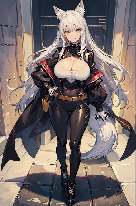 (Masterpiece: 1.5), (Best Quality: 1.5), (Perfect Face), 1 Woman, Fox ears, Fox tail, White Hair, Green Eyes, White Sport bra, black tight leader pants, black leader jacket, evil grin, full body, mature woman, girlboss, sexy, massive breasts,