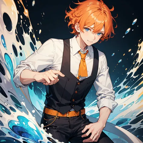 1 boy,messy curly orange hair,sparkly blue eyes,wearing a white shirt with rolled up sleeves,black pants,looking at viewer smiling,noble men,watercolor,splash art,wallpaper,64k quality,high quality,high detail