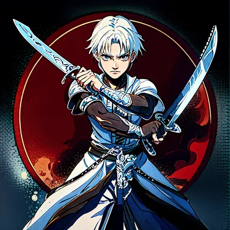 personnage d&#39;anime avec épée et armure devant une pleine lune, Beau mec dans l’art de Demon Slayer, avec une grande épée, Divinité aux cheveux blancs, shigenori soejima illustration, Fils de Sparda, épéiste, tient une épée, tout en tenant une épée, Ell...