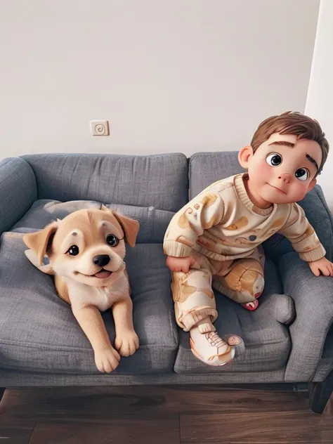 there is a baby and a dog sitting on a couch, r/aww, sitting on the couch, sitting on couch, relaxing on the couch, sitting on a couch, aww, puppies, next gen, bowater charlie and brom gerald, babies in her lap, on a couch, sunday, feature, cute boy, with ...