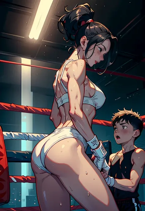 Tall strong  fighter MOM and  young Son couple having sex into the ring,  mom busty and tall perfect legs perfect ass,  (1 MILF with 1 young boy having sex into the ring ) , beautiful eyes, (delicate faces) , perfect detail, (best lighting) ,(boxing girl w...